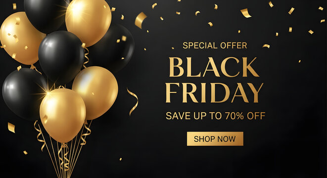 Black friday sale announcement with golden balloons and confetti on dark background