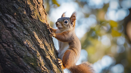 Fototapeta premium A squirrel climbing a tree captures agility curiosity and the playful essence of wildlife representing nature’s energy movement and the small moments of forest life in vivid detail