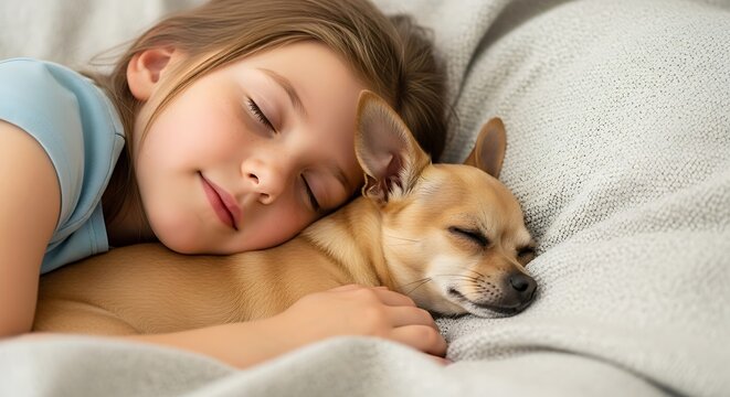 Adorable child and puppy cuddle together peacefully while sleeping on a bed - Powered by Adobe