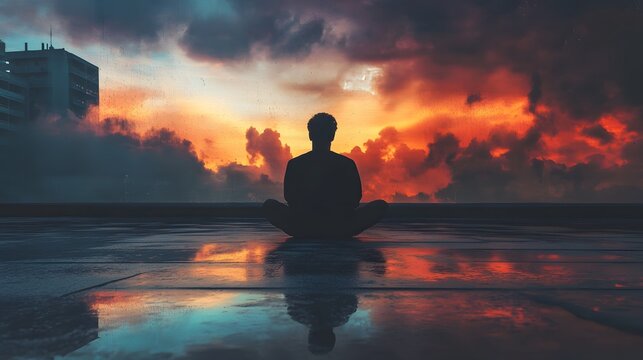A person sits in a meditative pose on a rooftop with a dramatic sunset behind them.