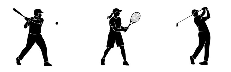 Dynamic silhouettes showcasing baseball, tennis, and golf athletes in action, perfect for sports branding, fitness campaigns, and active lifestyle promotions