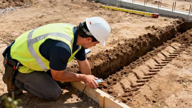 Construction worker examining soil compaction and moisture levels around foundation base to secure optimal ground conditions for longterm stability and safety compliance.