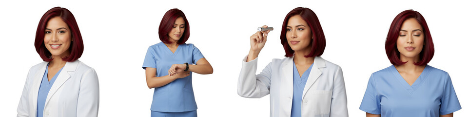 Female doctor cutout in varied poses: smiling, checking watch, using penlight, calm breath. Isolated on transparent background, perfect for medical websites, healthcare ads, wellness campaigns,