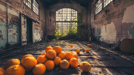 A pile of oranges sits in the middle of an abandoned warehouse with a large window in the back.