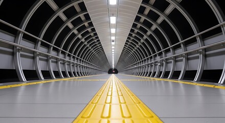Empty subway walkway tunnel - low angle view. Perspective view of silver tube corridor between underground station platforms. Tactile directional blocks in the middle.