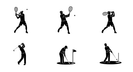 Dynamic Tennis and Golf Action Set: Sporting Activity Icons for Active Lifestyle Designs, Fitness Promotions and Recreational Content, Originally Vector Art