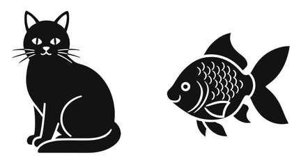 Charming Black Cat and Playful Goldfish Illustration: A Classic Pet Duo in Simple Graphic Style, Ideal for Children's Designs and Animal Lovers
