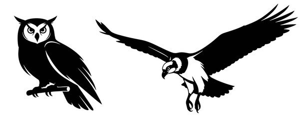 Striking illustration featuring a perched owl and soaring osprey, perfect for wildlife enthusiasts or nature-themed designs, originally scalable vector art