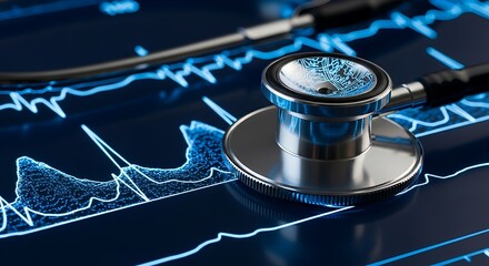 Stethoscope resting on digital health chart showing heart rate trends