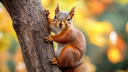 Fototapeta premium A squirrel climbing a tree captures agility curiosity and the playful essence of wildlife representing nature’s energy movement and the small moments of forest life in vivid detail