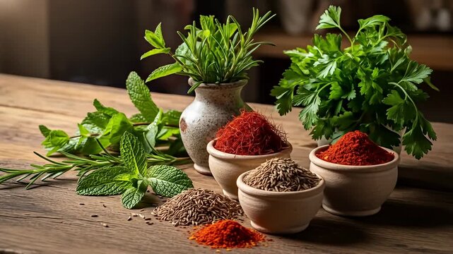 Still life of herbs and spices in rustic bowls and a vase on wooden surface