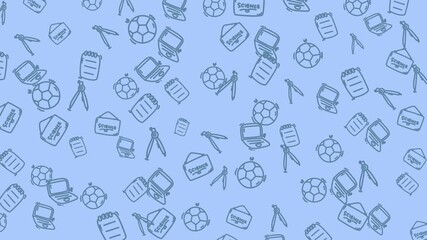 Blue image of soccer balls, laptops, notebooks, science books, and drawing compasses with Zoom in Out looping animation. Perfect for sports, education, technology, and creativity concepts. - Powered by Adobe