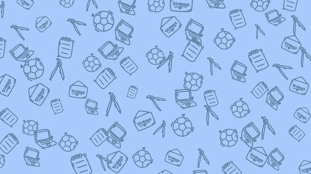 Blue image of soccer balls, laptops, notebooks, science books, and drawing compasses with Zoom in Out looping animation. Perfect for sports, education, technology, and creativity concepts. - Powered by Adobe