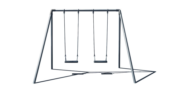 A metallic gray playground swing set with two dark seats stands isolated on a white background.