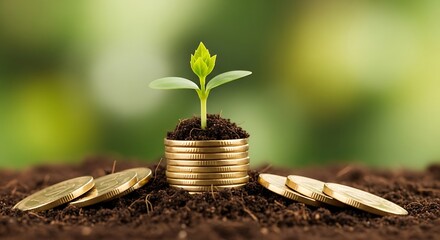 Investments flourish like a seedling growing from a stack of golden coins