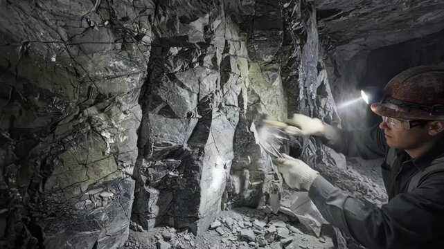 Technician collects irregular chip samples from a freshly blasted silver ore face focusing on the rocks surface features and mineral veins