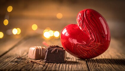 A vibrant, shiny red heart rests alongside two chocolates on a weathered wooden surface, with blurred lights adding warmth