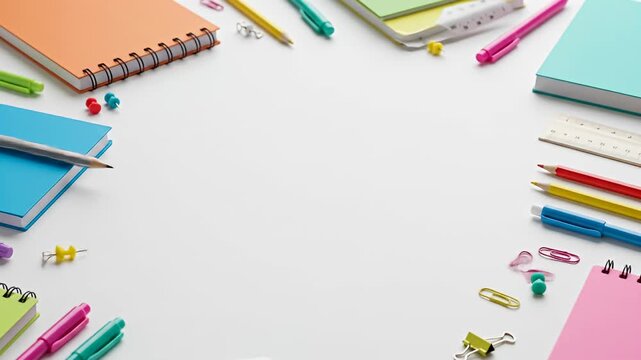 Assorted stationary items in various colors arranged on a clean, white surface, overhead shot