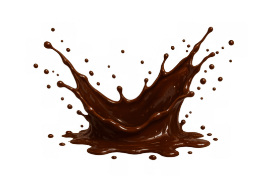 Chocolate liquid splashing, creating dynamic movement and drops, representing delicious cocoa, dessert, and sweet taste on transparent background
