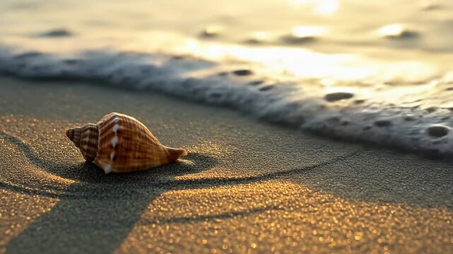 A patterned seashell sits on sandy beach as the sun sets, casting golden light