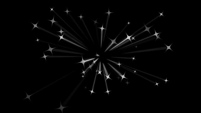 2D shining twinkle effect on black screen background. Twinkling stars animation, fast line glitter motion, white cartoon blinking stars, flat vector doodle sparkle, glowing light trails stars.