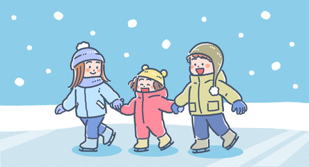 Fototapeta premium 冬にアイススケートをする男の子と女の子の背景ありイラスト