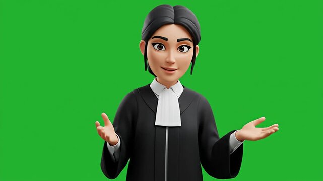 3D cartoon lawyer with black hair in court gown with hands open on green background