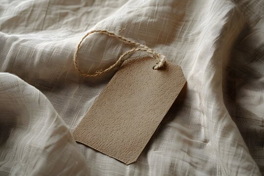 Elegant product packaging detail image of a rectangular kraft tag with stitched seams and blank writable surface, styled on a simple flat-lay background brown leather jacket with label - Powered by Adobe