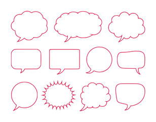 Collection of diverse red-outlined speech and thought bubbles on a white background