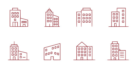 Collection of Simple Line Art Building Icons in Red Outline © Vectory Icons