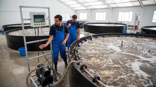 Medium shot of aquaculture workers adjusting aeration equipment to optimize biofloc conditions demonstrating water quality management in a recirculating system.
