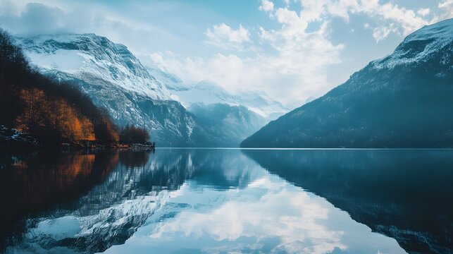 A serene mountain lake with snow-capped peaks reflected in the still water.