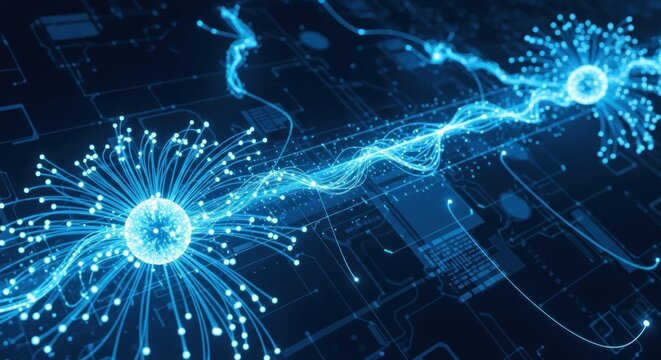 Blue and white abstract digital neural network with light blue and white particles and lines. - Powered by Adobe