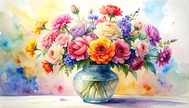 A vibrant watercolor painting showcases a bouquet of colorful blooms inside a transparent vase against a soft, blended backdrop