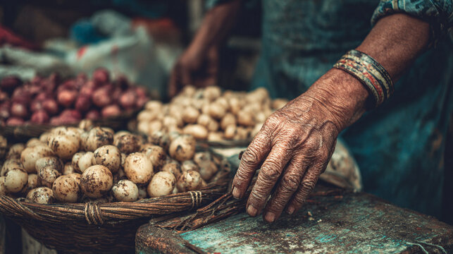 Street vendor’s hand preparing food with precision and warmth capturing the authentic rhythm of daily life and the cultural artistry of street cuisine in natural light and motion