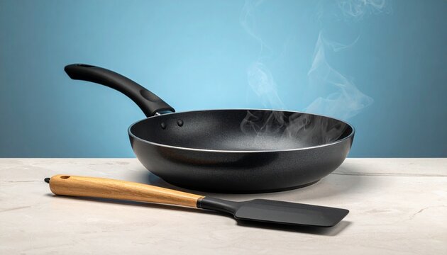 Hot smoking black frying pan with a spatula on a kitchen counter.