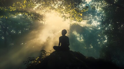 A silhouette of a person meditating in the forest with sunlight shining through the trees.