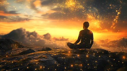 A silhouette of a person meditating on a mountaintop, bathed in the golden light of a sunset and surrounded by a starry sky.