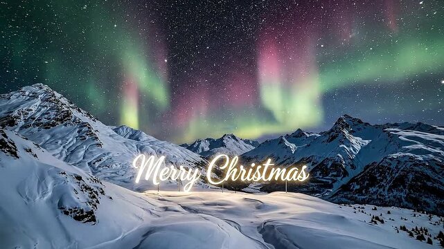 Merry Christmas glowing text under aurora borealis, snow-covered mountains, calm cinematic night sky, wide lens motion - Powered by Adobe