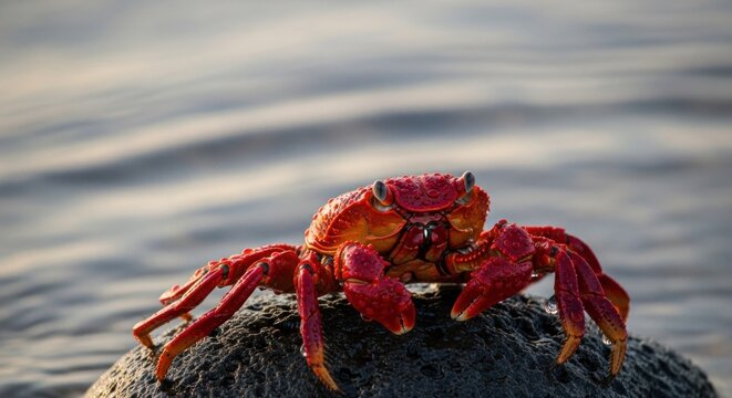 A vibrant red crab with a detailed shell on a rock by the water.