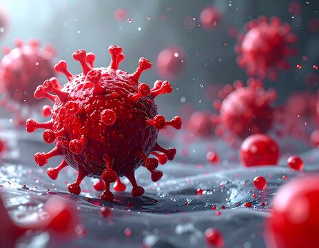 Microscopic illustration depicting several spherical, spiky, red-toned viral entities floating against a textured, semi-transparent background