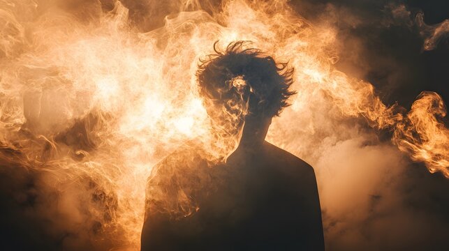 A silhouette of a person standing in front of a background of smoke and light. The smoke is swirling and moving, and the light is shining through it, creating a dramatic and ethereal effect.