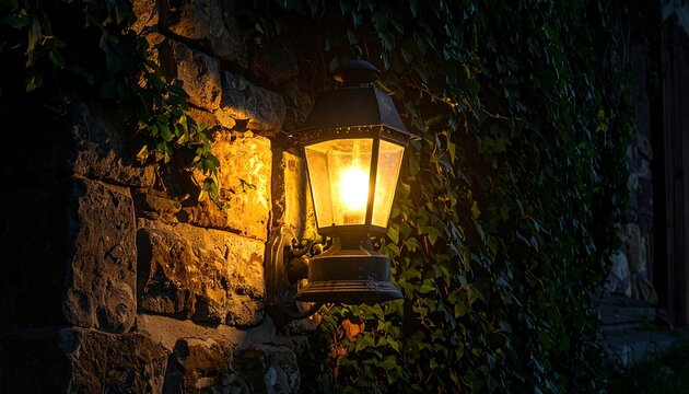 Illuminated lantern attached to stone wall with ivy. Warm light casts glow over stone