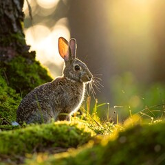 Fototapeta premium A wild bunny sits in front of a tree, bathed in golden sunlight. The scene is in a forest with mossy green ground
