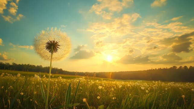 A single dandelion seed head stands tall in a field of dandelions at sunset.