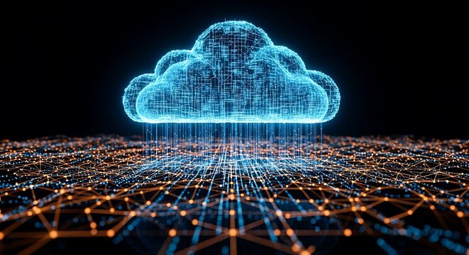 Glowing digital cloud data transfer abstract network technology glowing blue cloud - Powered by Adobe