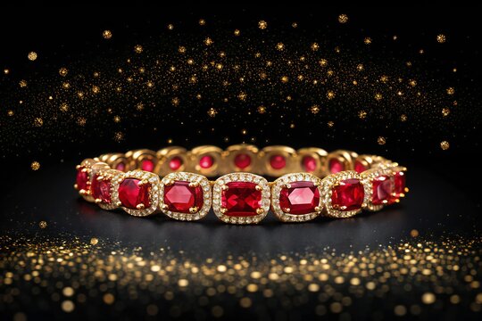 Luxurious gold ruby bracelet with sparkling diamonds, elegant gemstone jewelry on black background, premium ruby bangle for fashion and bridal design