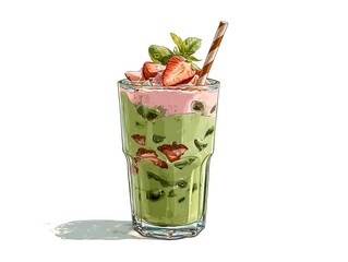 Illustration of layered matcha drink with strawberries and cream in a tall glass with straw on white.