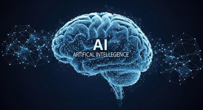 A blue and white brain with the letters AI and AI on it, surrounded by a network of lines and dots.