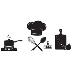 Culinary icons chef hat pot whisk cutting board and tomato